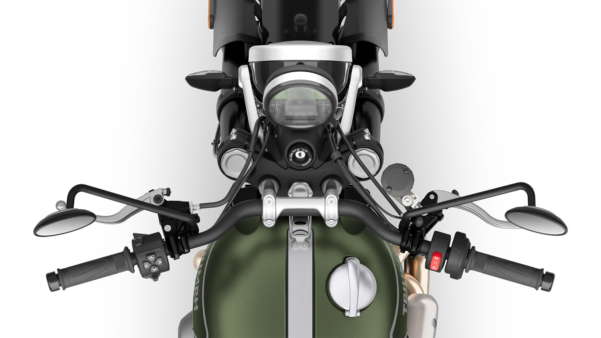 Triumph Scrambler 1200 X in Matt Khaki Green tank from above